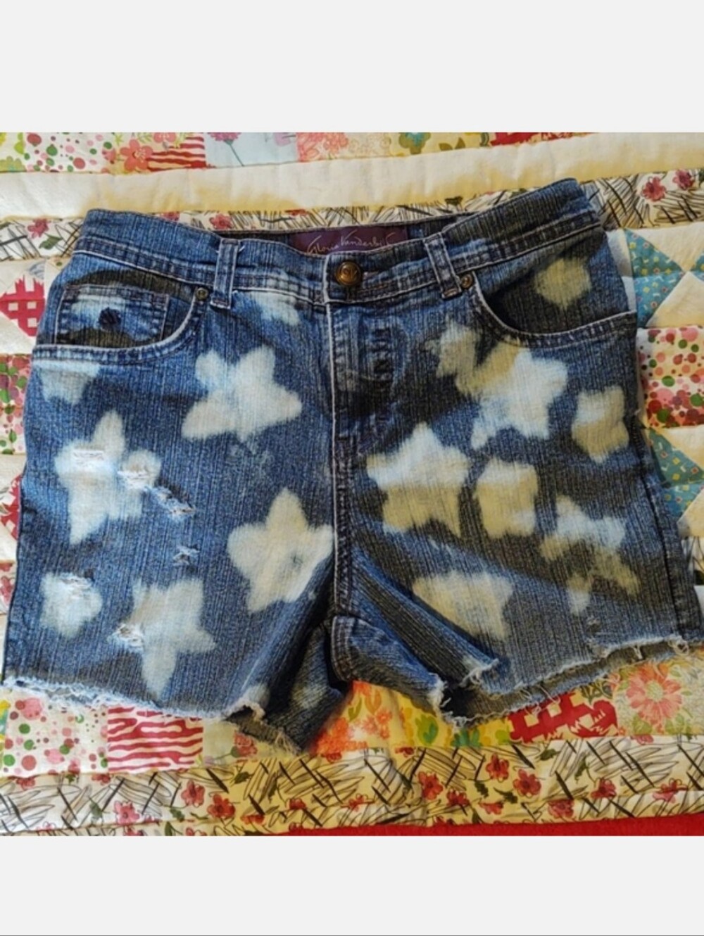 High Waist STAR Bleach Dye Cutoff Denim Shorts 4